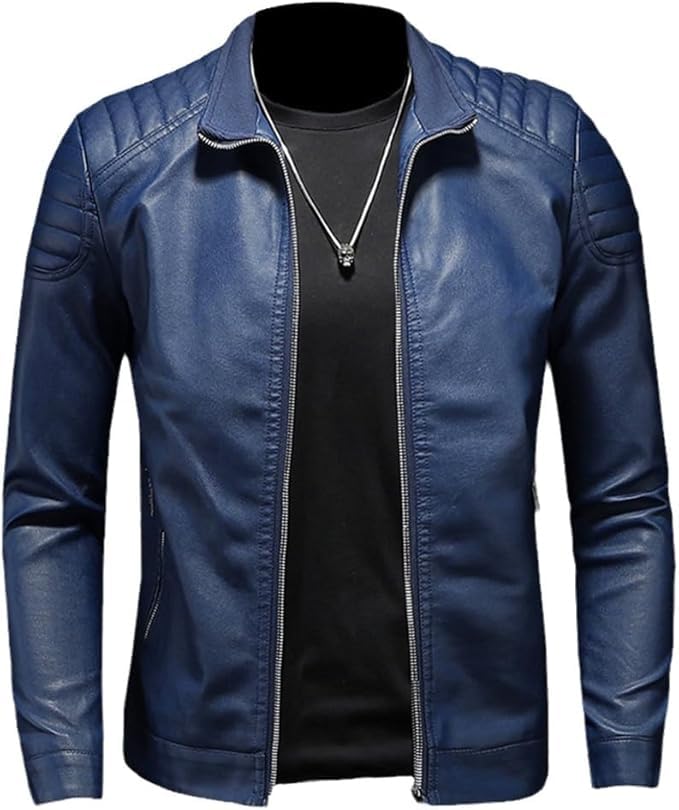 Maiyifu-GJ Chaqueta de Cuero Artificial Ajustada con Cuello Alto para Hombres, Chaqueta Motociclista, Chaqueta para Motoristas (AzulA1Grande)