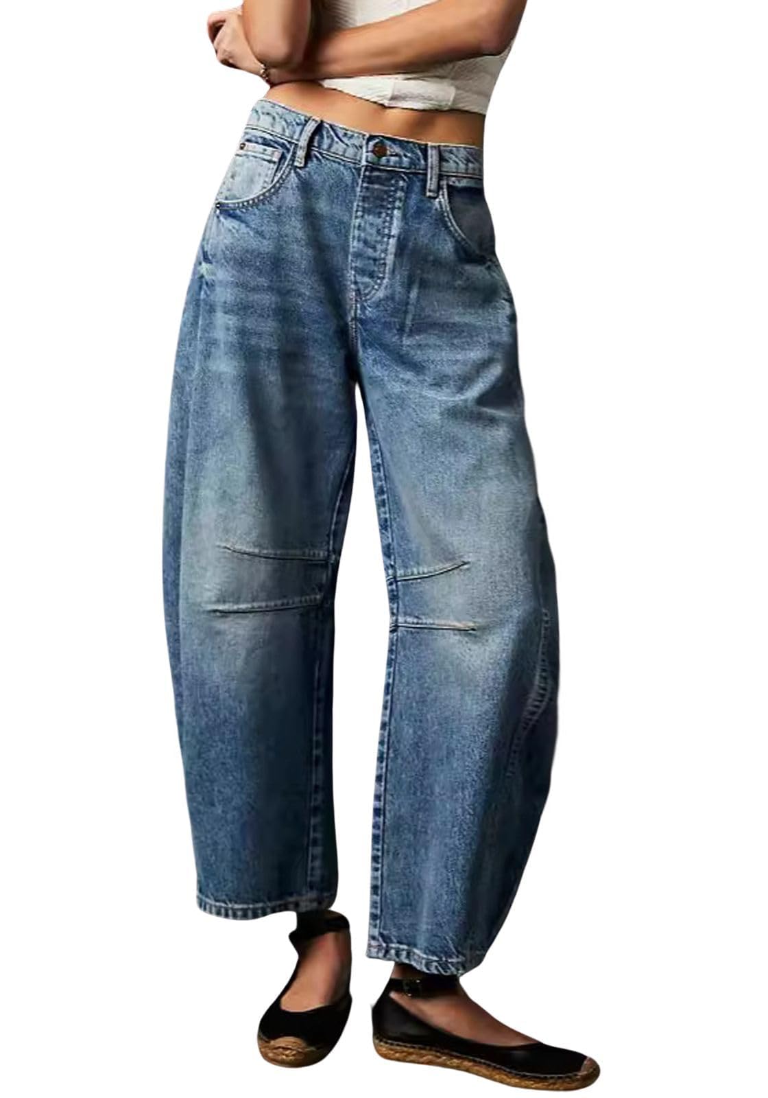Womens Mid Rise Barrel Jeans Vintage Loose Wide Leg Jeans Cropped Denim Pants Y2k Baggy Boyfriend Jeans (X-SmallBlue)
