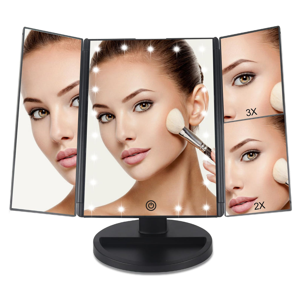 Tru2U Vanity Makeup Mirror with Lights and Magnification 3 Way Mirror Trifold Portable Mirror 1X 2X 3X Magnification Two Power Supply Espejo maquillaje (Black)