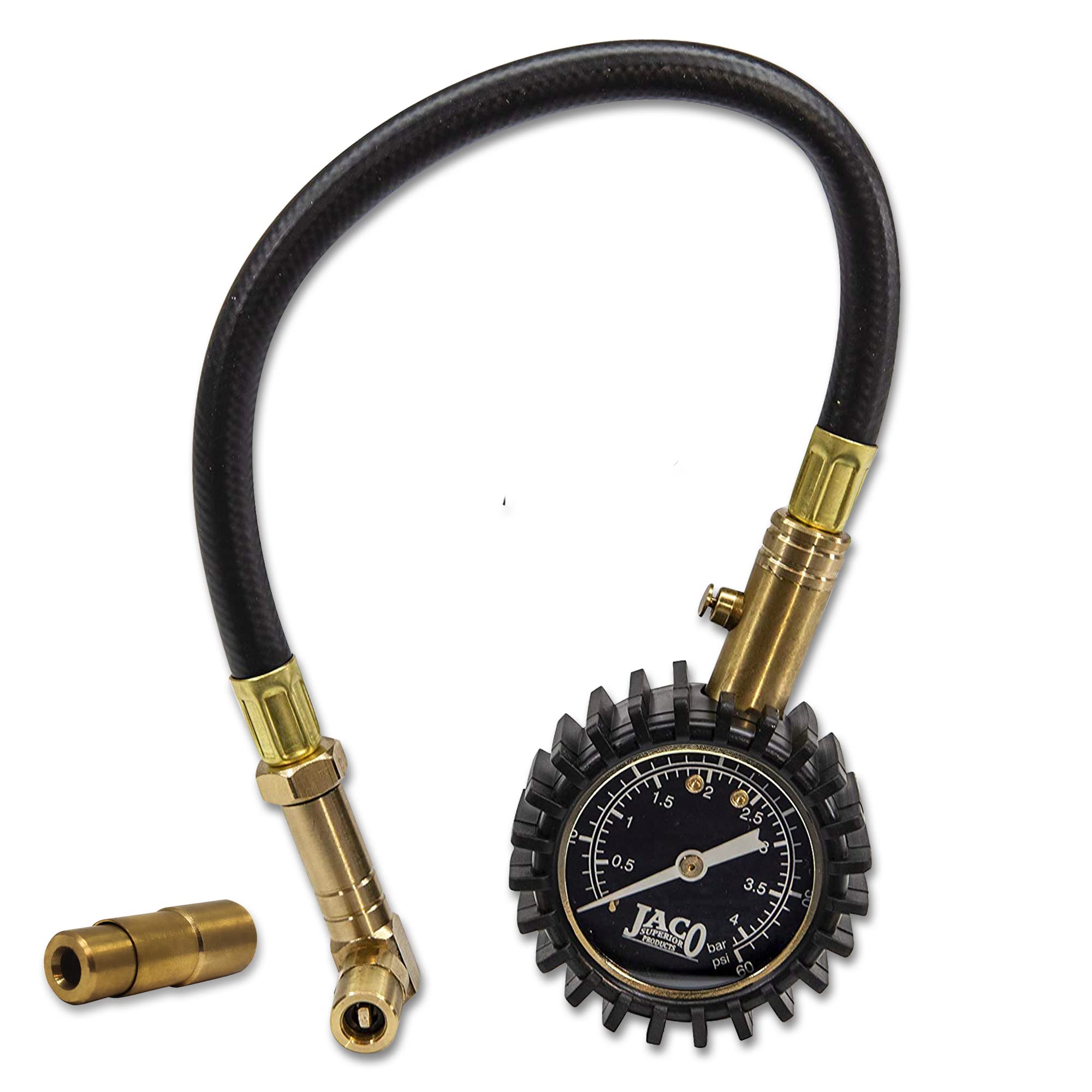 JACO Superior Products JACO BikePro Presta Tire Pressure Gauge 60 PSI - with Interchangeable Schrader Valve Air Chuck - for Mountain Bikes & Autos