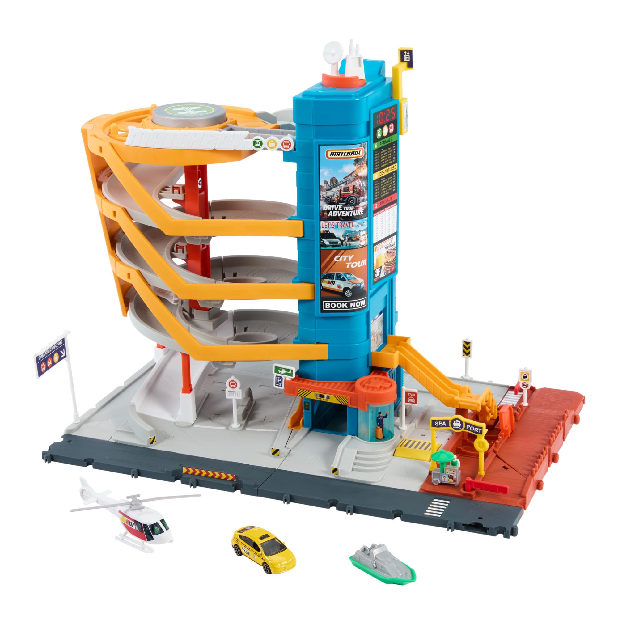 Matchbox Spielzeugautos und Spielset Transport-Center mit 5 Etagen von Kindern und Autos aktivierbare Funktionen enthält Taxi Boot und Hubschrauber im Maßstab 1:64 sowie Essensverkäufer-Accessoire