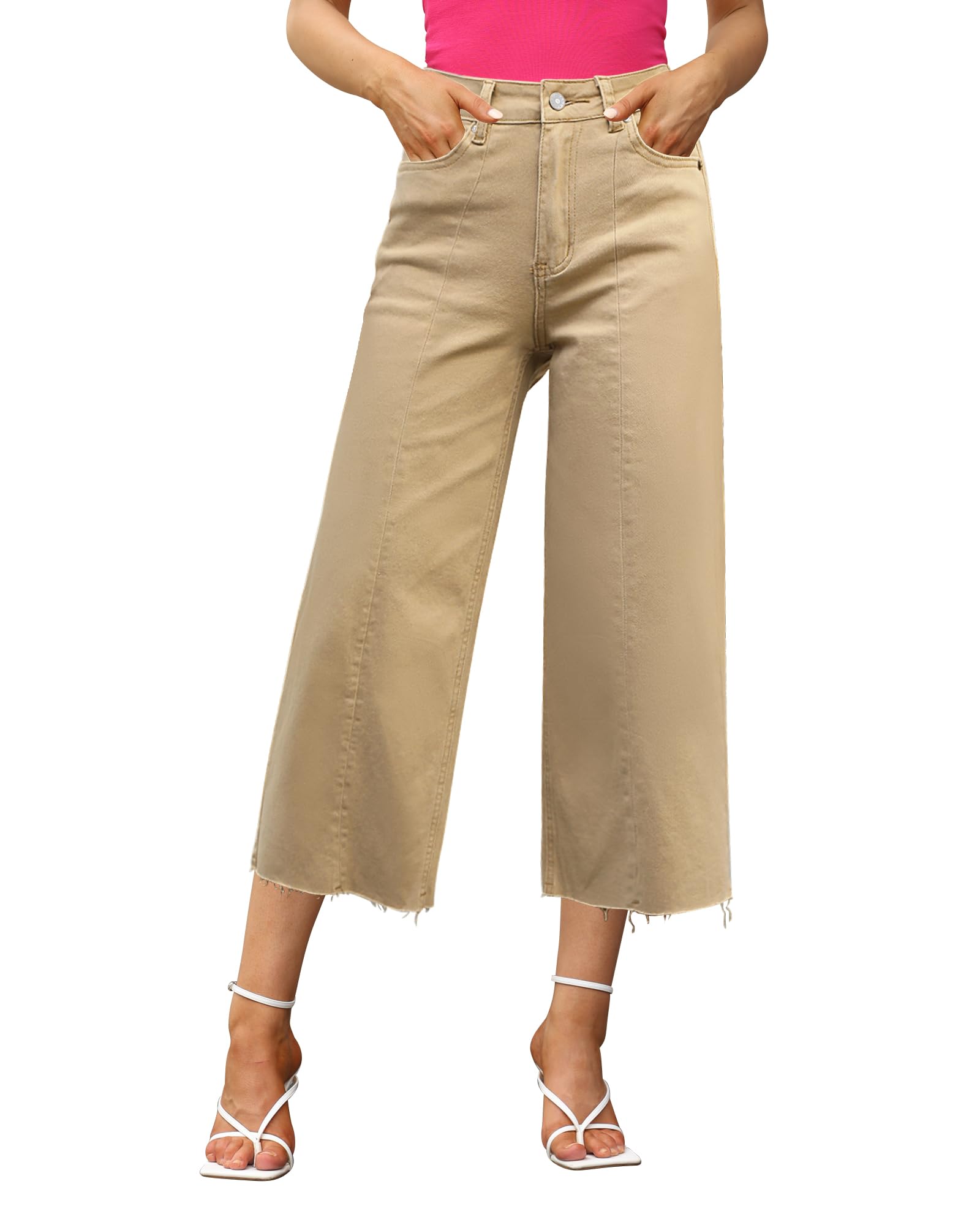 GRAPENT Jeans for Women Trendy Denim Jeans for Women Women Wide Leg Jeans Boyfriend Capri Jeans for Women Wide Leg Jeans for Women Plus Size Capris Color Khaki Size X-Large Size 16 Size 18