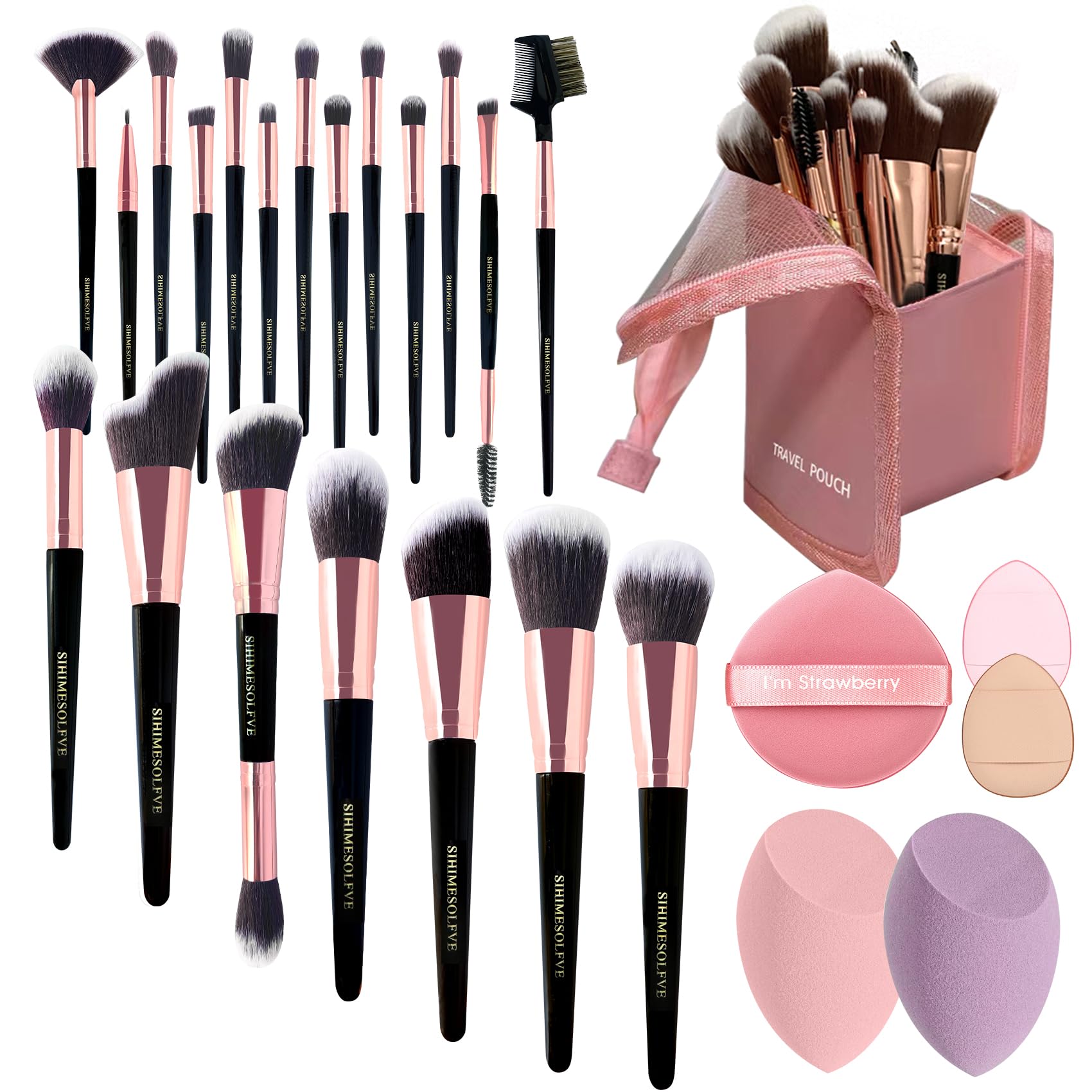 Set de Brochas de Maquillaje Profesional 23Pcs para Ojos y Rostro, Set de Brochas para Maquillaje de Ojos, Limpiador de Brochas de Maquillaje, Bolsa de Brochas de Maquillaje con Dos Esponjas Mixtas