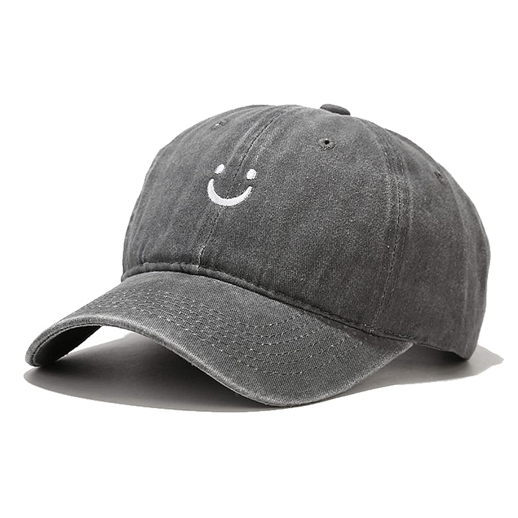 Gorra de Béisbol de Cara Sonriente Vintage Desgastada de Perfil Bajo Algodón No Estructurado Sombrero de Papá Ajustable para Mujeres y Hombres (Gris)