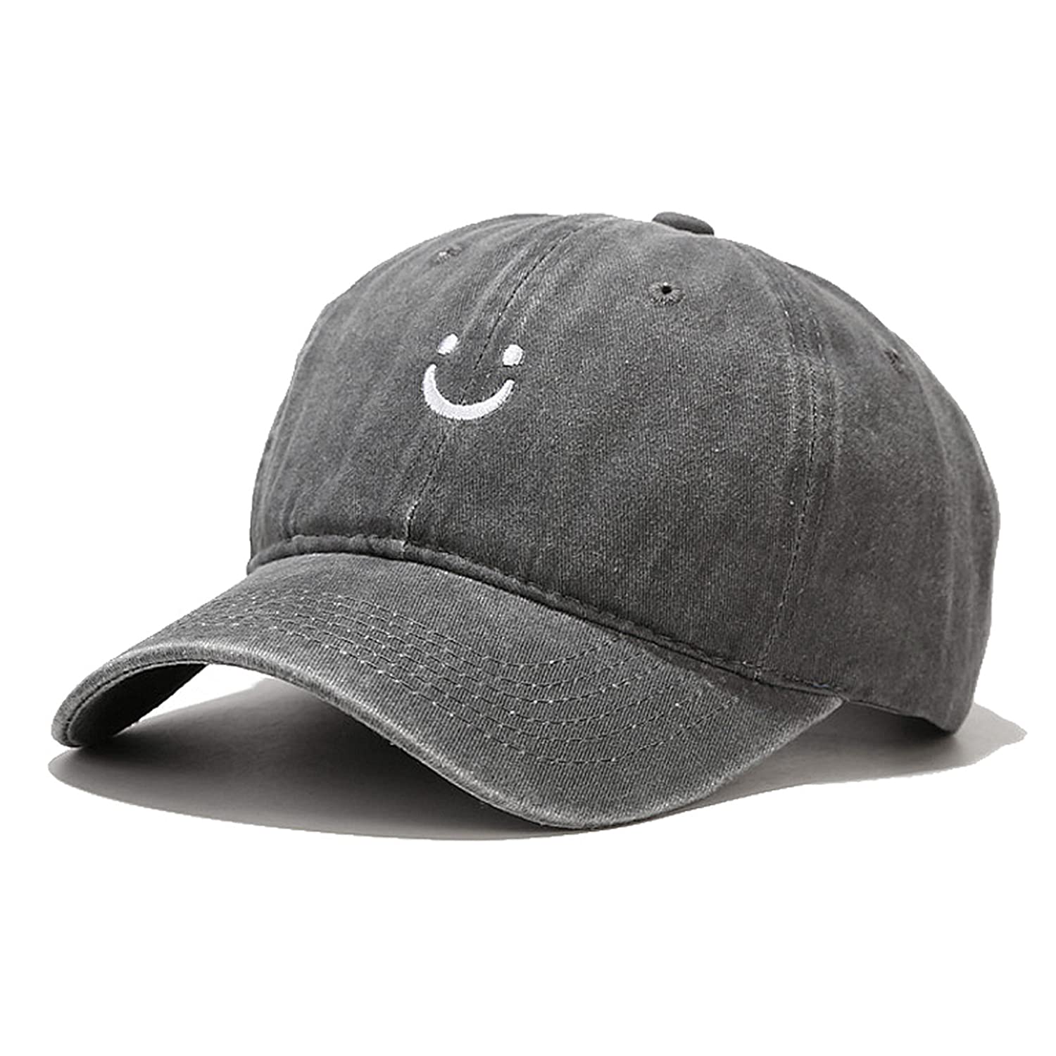Gorra de Béisbol de Cara Sonriente Vintage Desgastada de Perfil Bajo Algodón No Estructurado Sombrero de Papá Ajustable para Mujeres y Hombres (Gris)