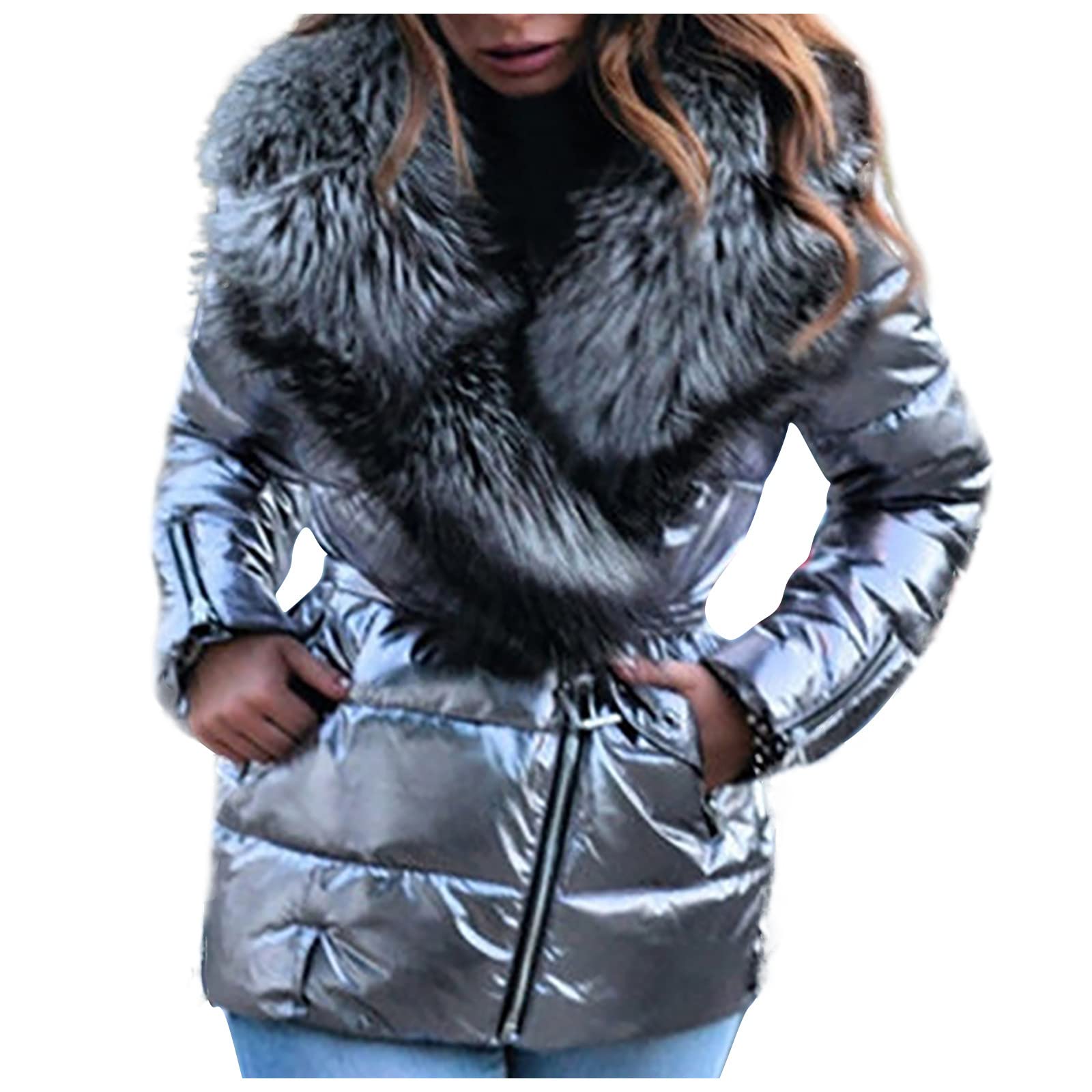 ChicCrate Winter Outfits For WomenWomenS Metallic Shiny Faux Fur Hood Puffer Jacket Raw Hem Puffy Bubble Cotton-Padded Thick Warm Top Streetwear Sacos De Mujer Para Vestir Elegantes(GrayM)