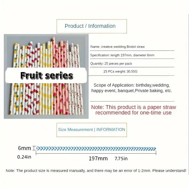 Pajillas de Papel Biodegradables y Ecológicas de la Serie Frutal (Paquetes de 25/100)